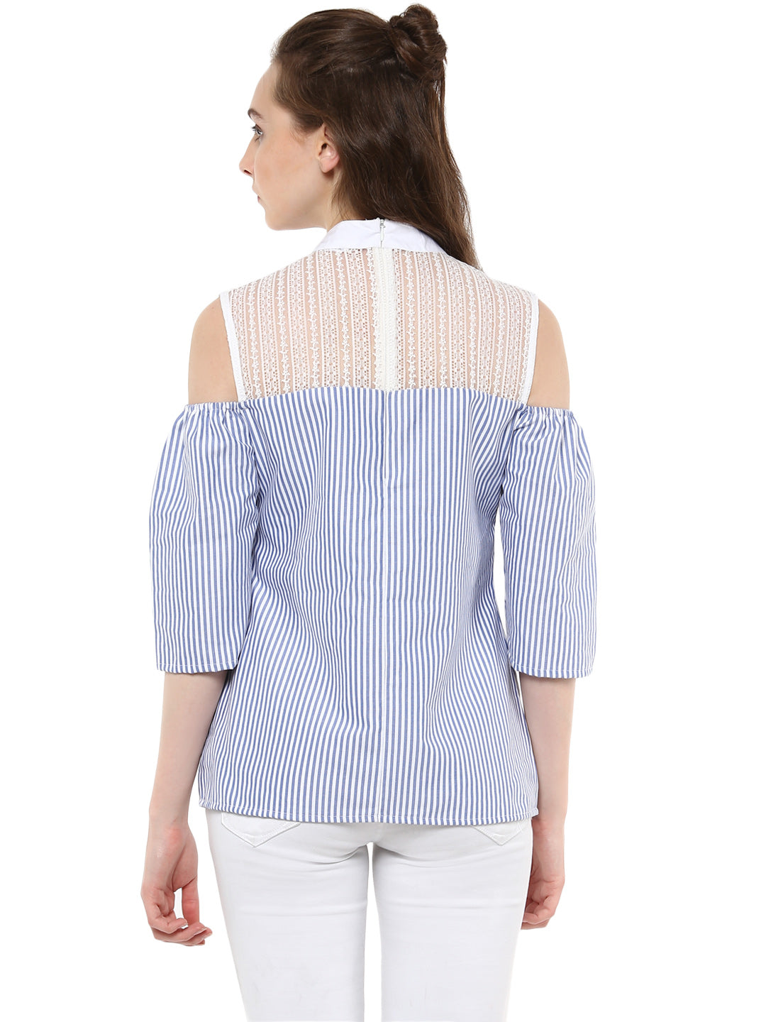 Women's Blue and White Stripe top with Lace detailing