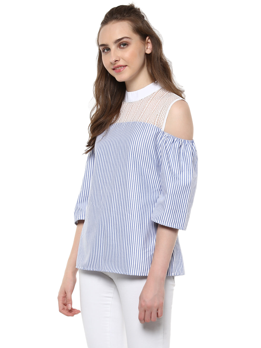 Women's Blue and White Stripe top with Lace detailing
