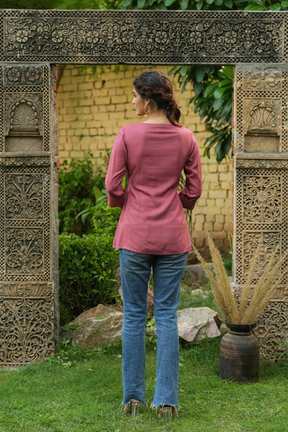 Women's  Onion Pink Rayon Festive Embroidered A-Line Tunic For Women