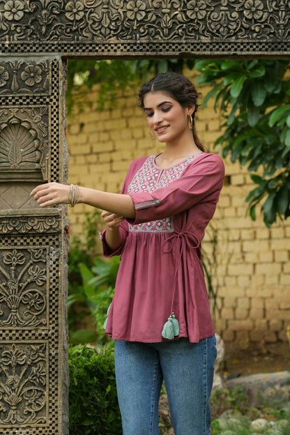 Women's  Onion Pink Rayon Festive Embroidered A-Line Tunic For Women