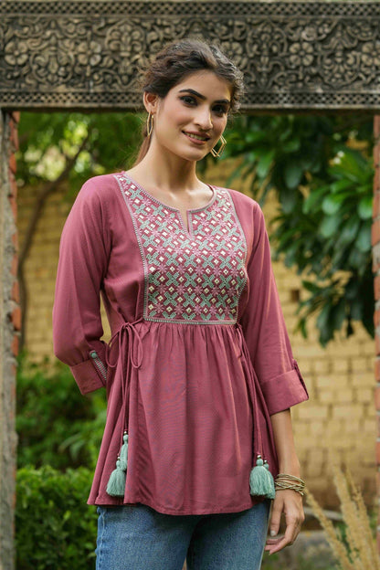 Women's  Onion Pink Rayon Festive Embroidered A-Line Tunic For Women