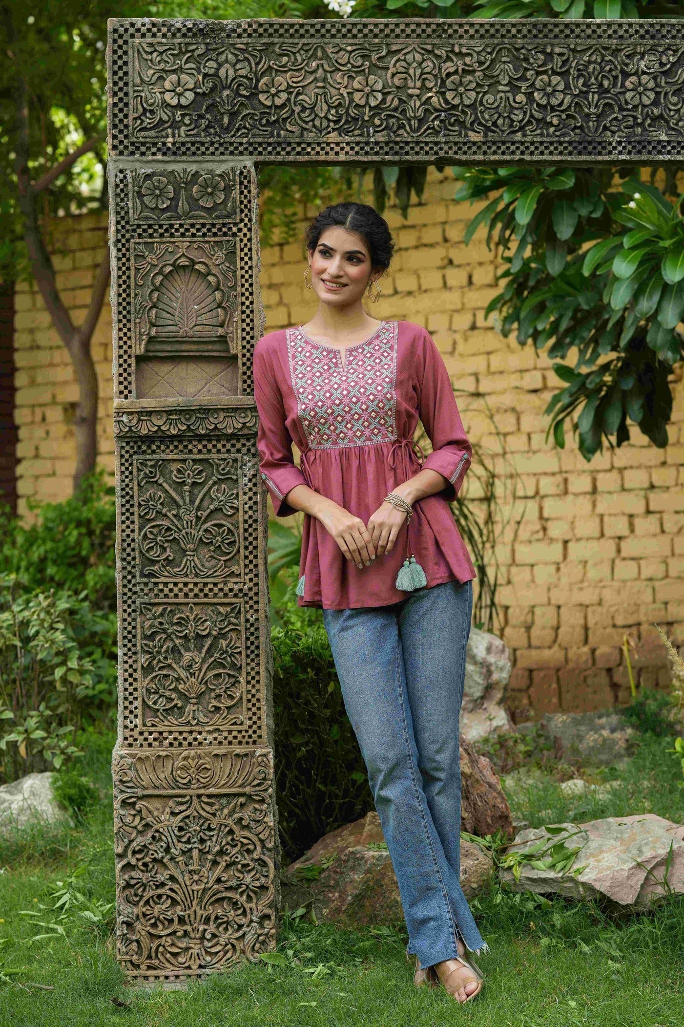 Women's  Onion Pink Rayon Festive Embroidered A-Line Tunic For Women
