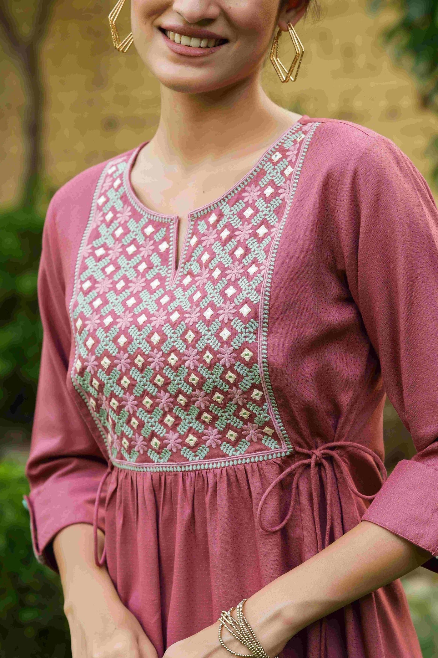 Women's  Onion Pink Rayon Festive Embroidered A-Line Tunic For Women