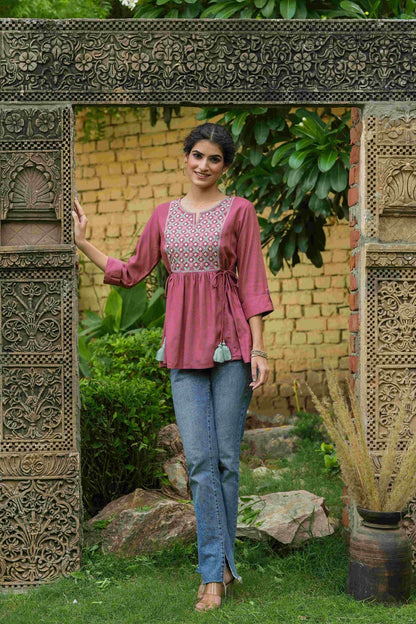 Women's  Onion Pink Rayon Festive Embroidered A-Line Tunic For Women