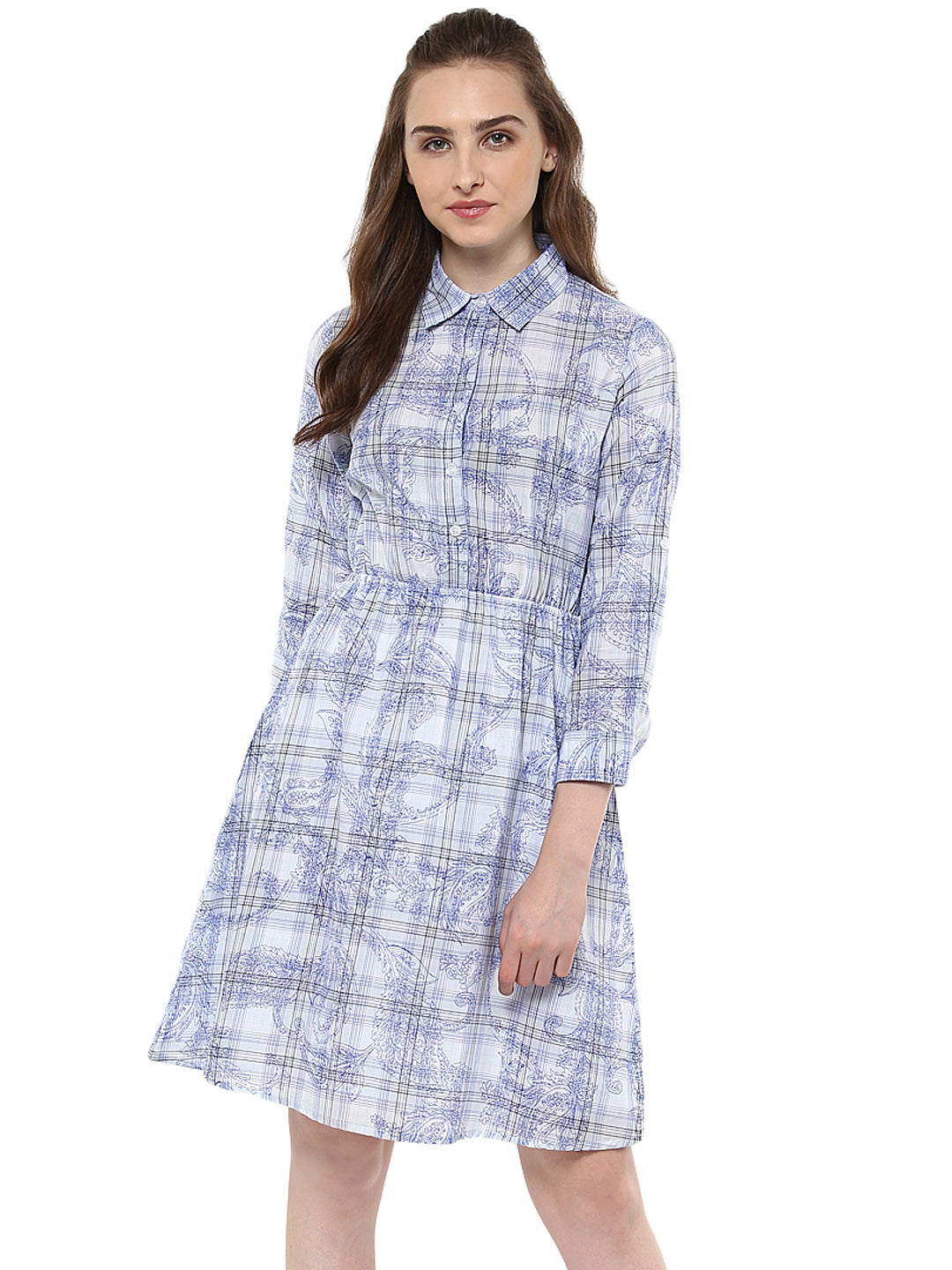 Women's Blue and White Check Shirt Dress