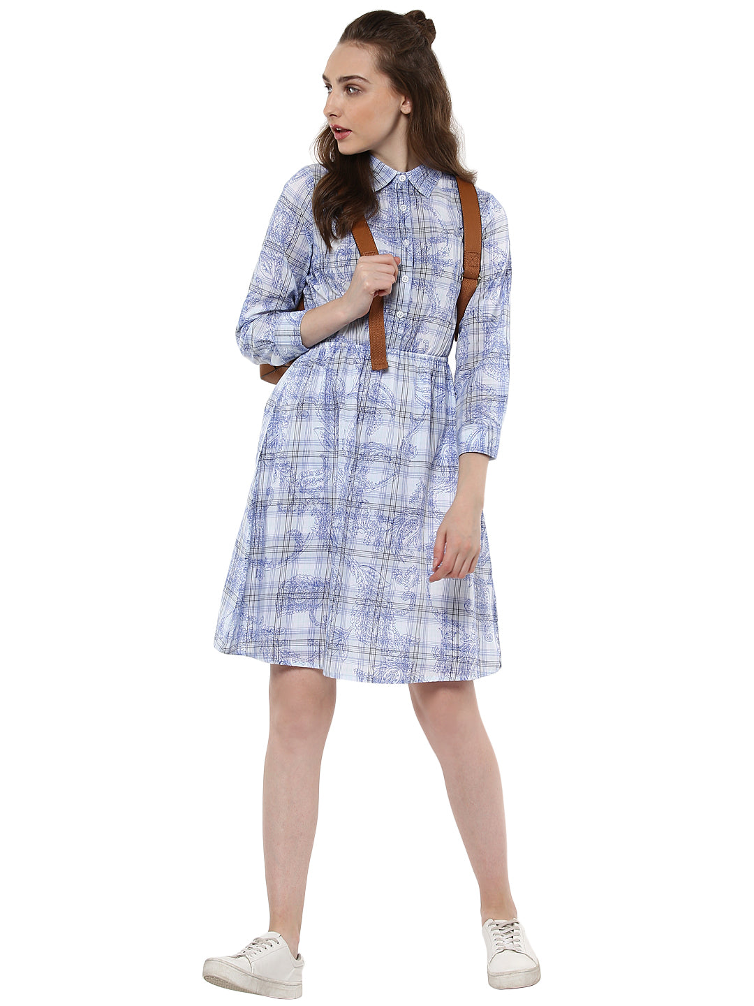 Women's Blue and White Check Shirt Dress