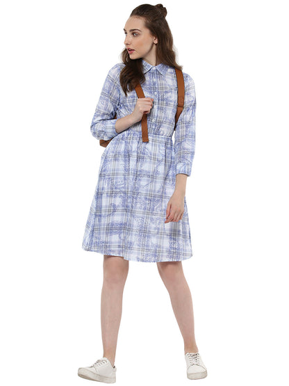 Women's Blue and White Check Shirt Dress