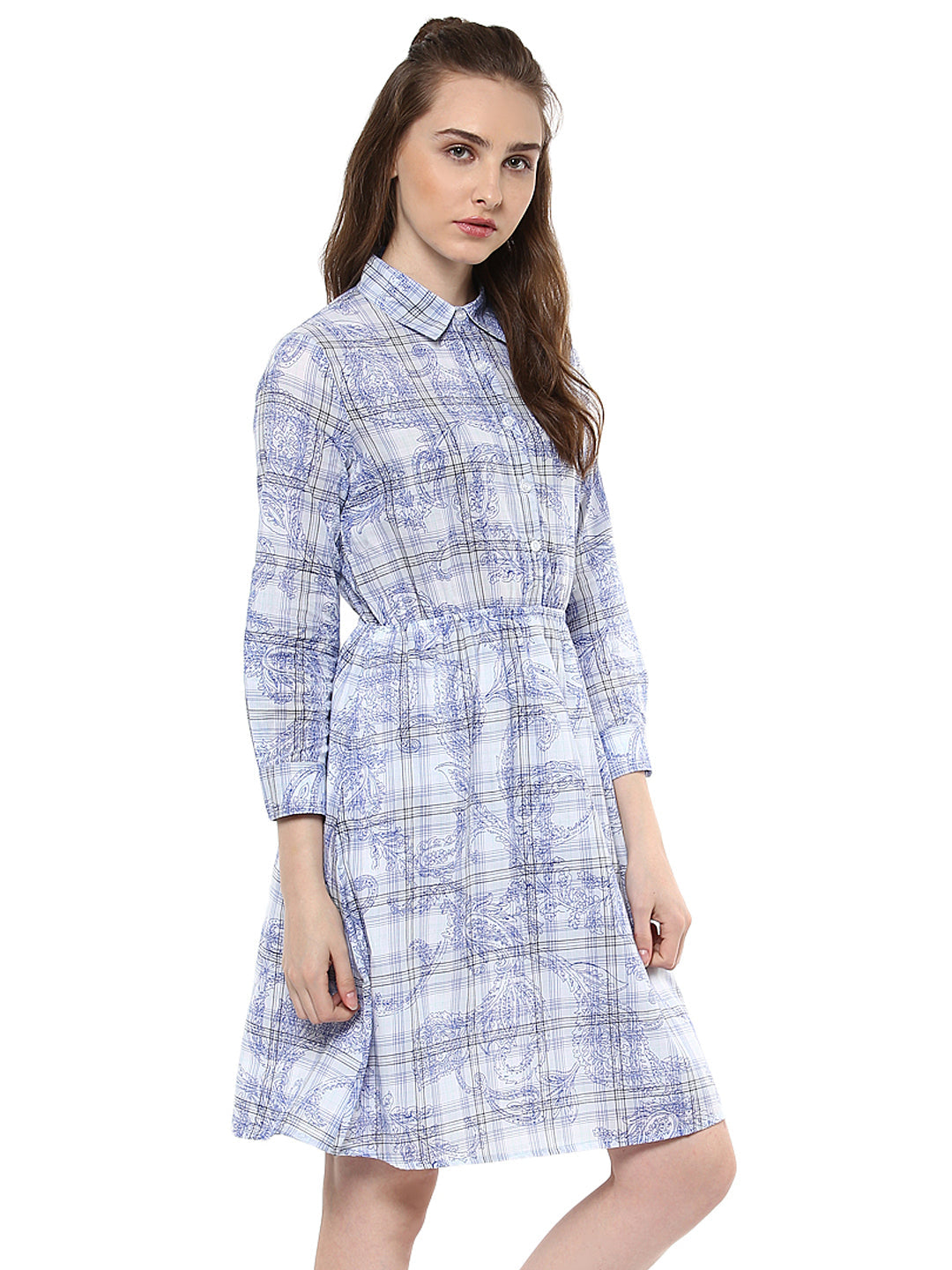 Women's Blue and White Check Shirt Dress