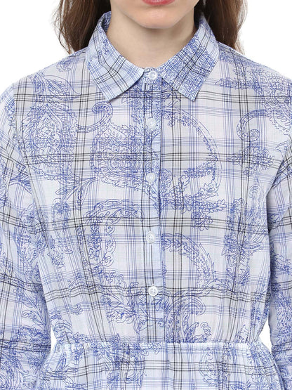 Women's Blue and White Check Shirt Dress
