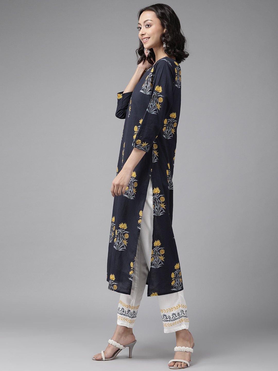 Women's Navy Blue & Mustard Kurta Set