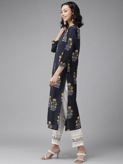 Women's Navy Blue & Mustard Kurta Set