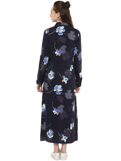Women's Navy Blue Dress with Waist Pleats