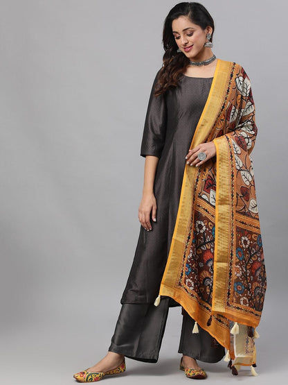 Women's  Black & Mustard Yellow Self Design Kurta with Trousers & Dupatta