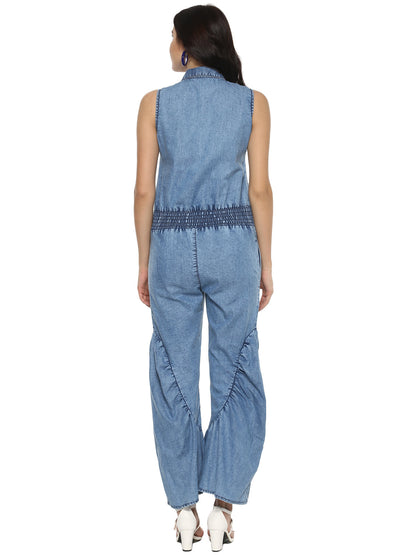 Women's Denim Ruffle Pants Jumpsuit