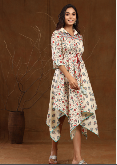 Women's Cambric Floral Print Asymmetric Dress With Mask