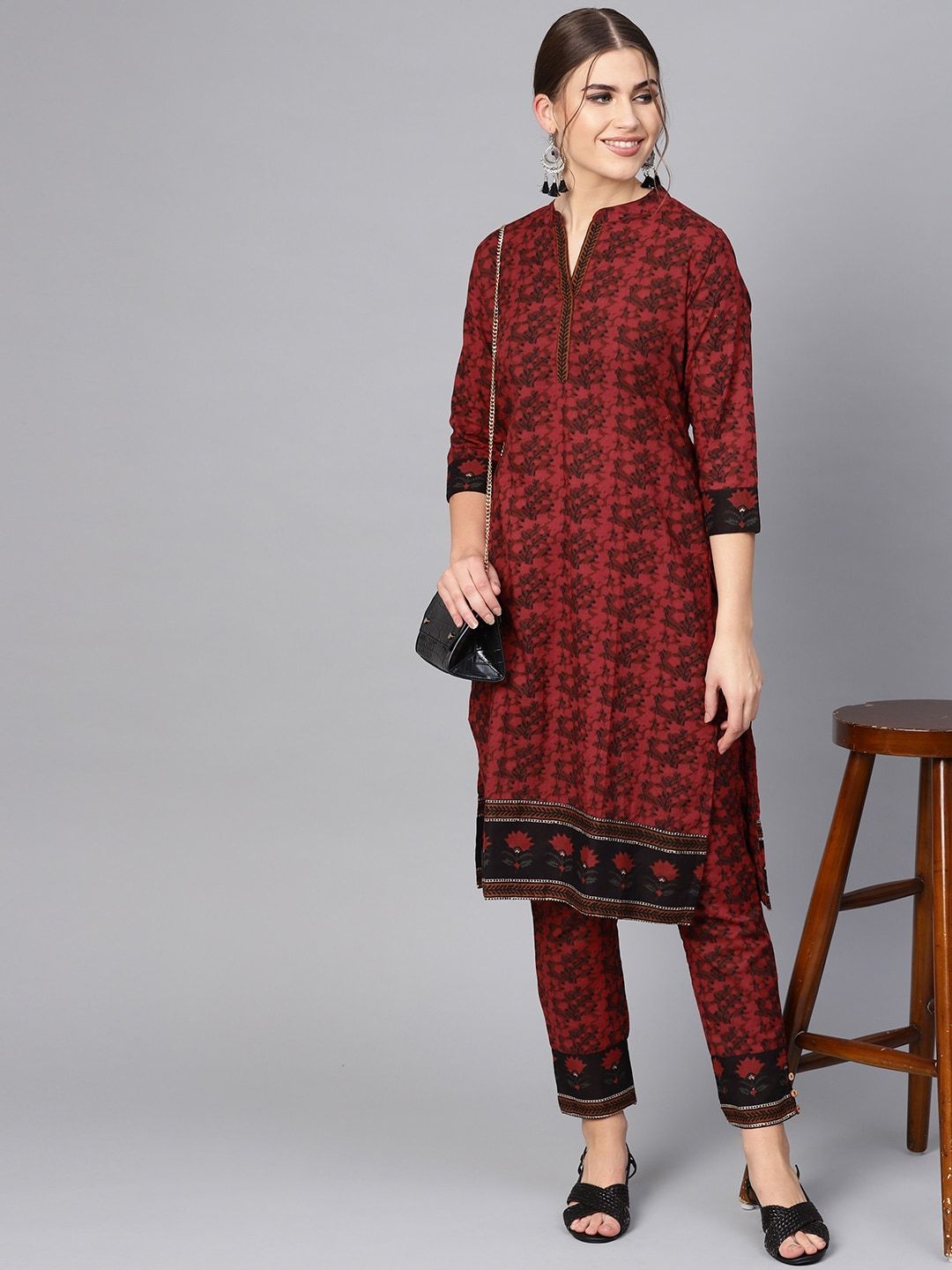 Women's  Maroon & Black Printed Kurta with Trousers