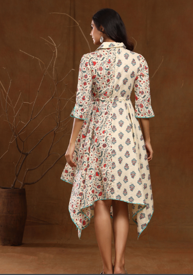 Women's Cambric Floral Print Asymmetric Dress With Mask