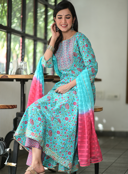 Women's Blue Handblock Dupatta Set
