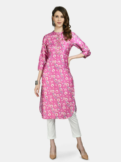 Women Pink Silk Printed Kurta by Myshka (