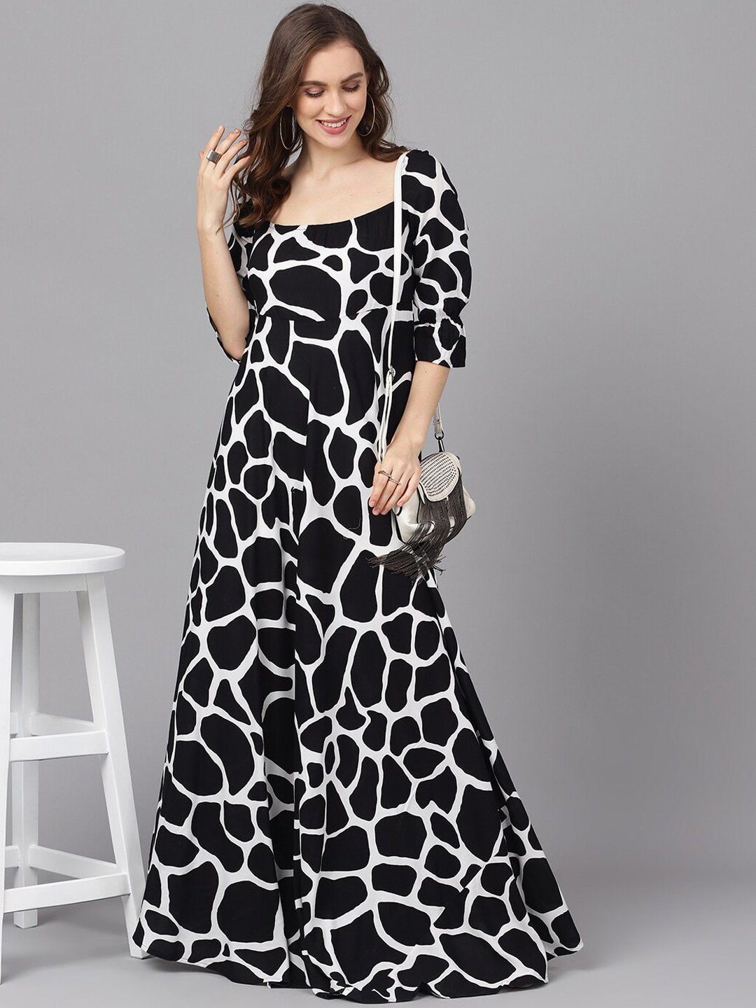 Women's  Black & White Printed Maxi Dress