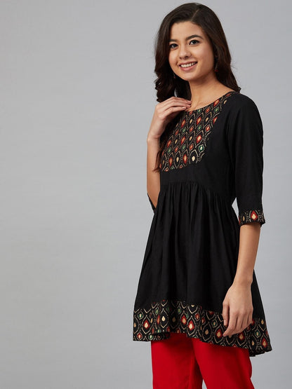 Women's Black & Golden Yoke Design A-Line Kurti
