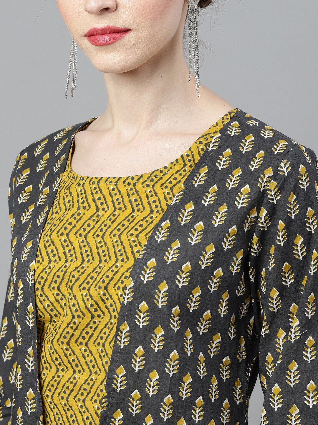 Women's Mustard & Grey Printed Top & Capri With Jacket