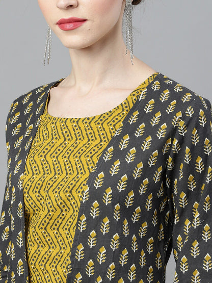 Women's Mustard & Grey Printed Top & Capri With Jacket