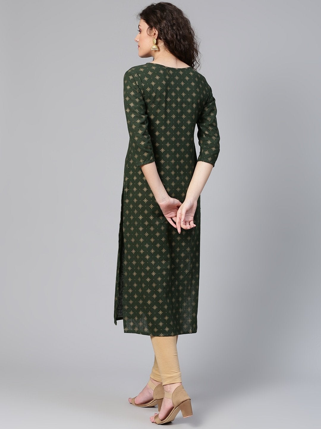 Women's Green & Golden Printed Straight Kurta