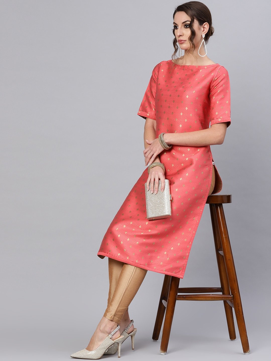 Women's  Coral Pink & Golden Reversible Woven Design Straight Kurta