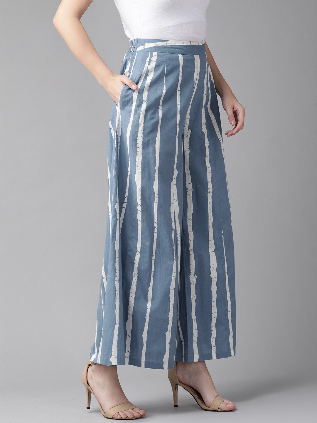 Women's  Blue & White Striped Wide Leg Palazzos