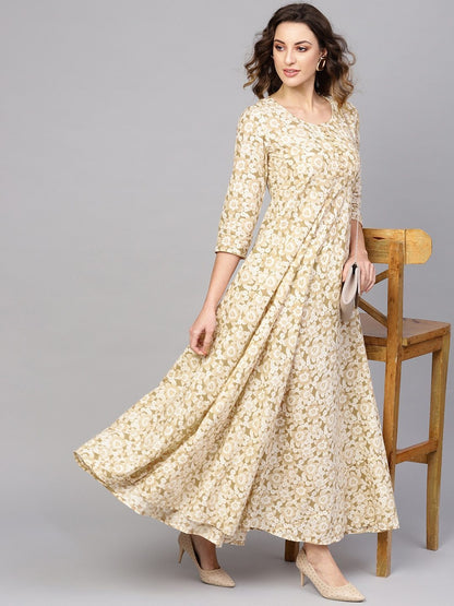Women's  Off-White & Beige Floral Print Maxi Dress