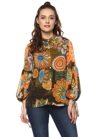 Women's Mustard snd Olive Colored Top with Sleeve Tie Ups