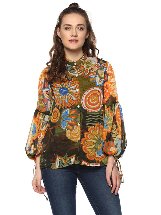 Women's Mustard snd Olive Colored Top with Sleeve Tie Ups