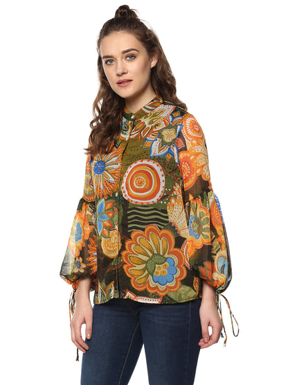 Women's Mustard snd Olive Colored Top with Sleeve Tie Ups