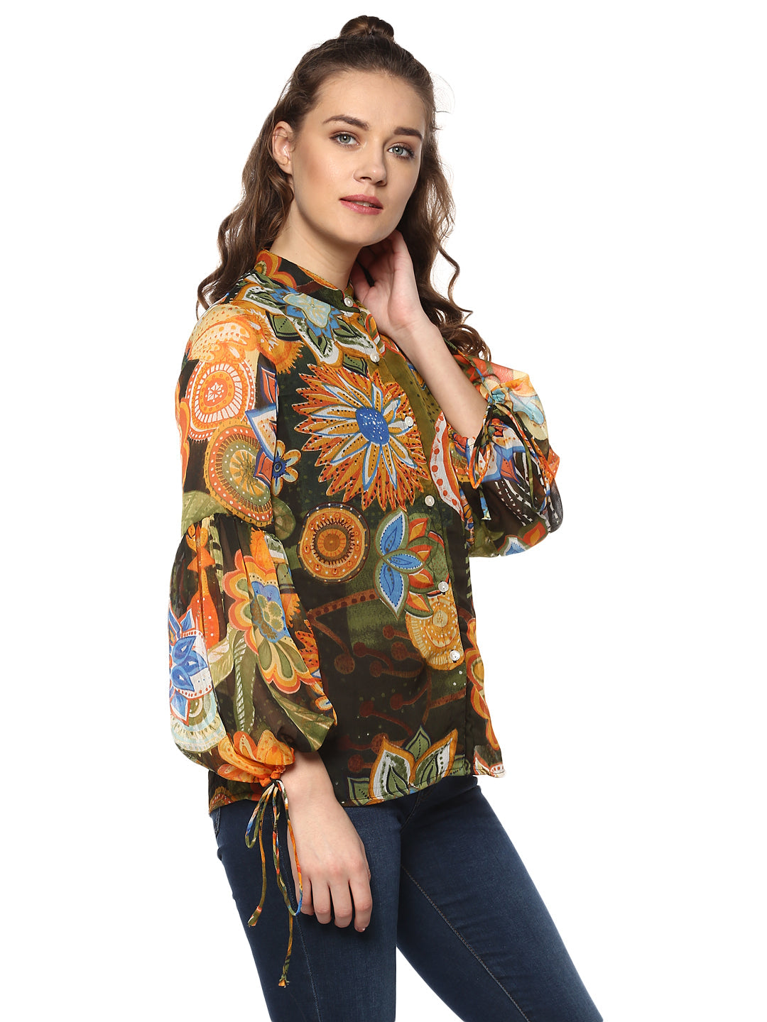 Women's Mustard snd Olive Colored Top with Sleeve Tie Ups
