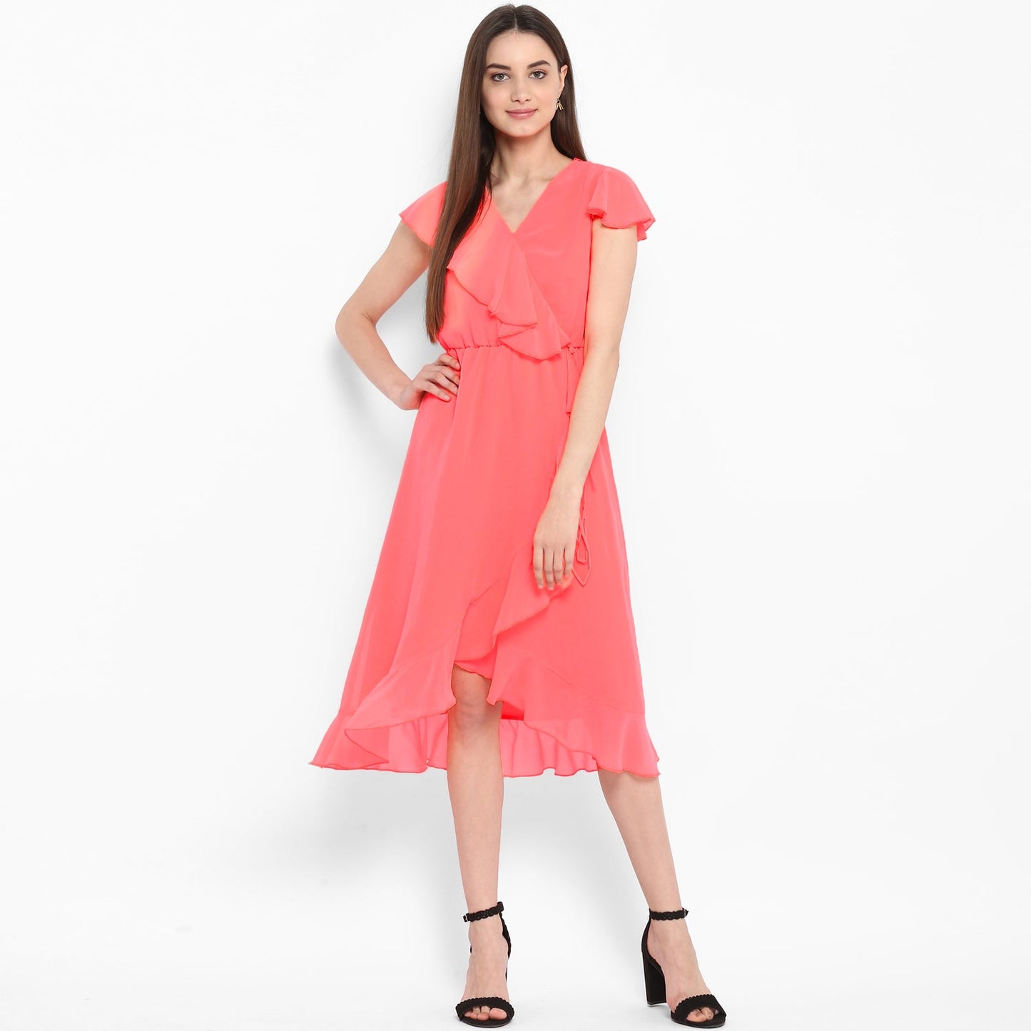 Women's Pink Cascade Ruffled Dress