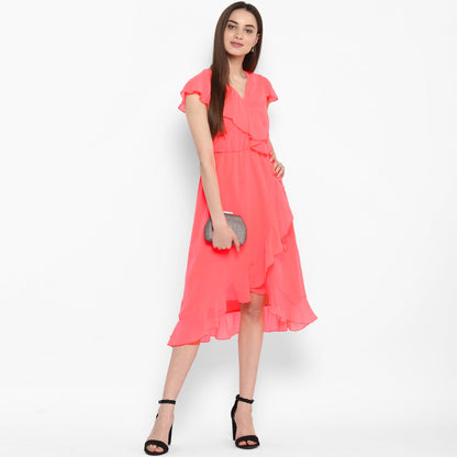 Women's Pink Cascade Ruffled Dress