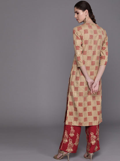 Women's  Beige & Maroon Printed Kurta with Palazzos