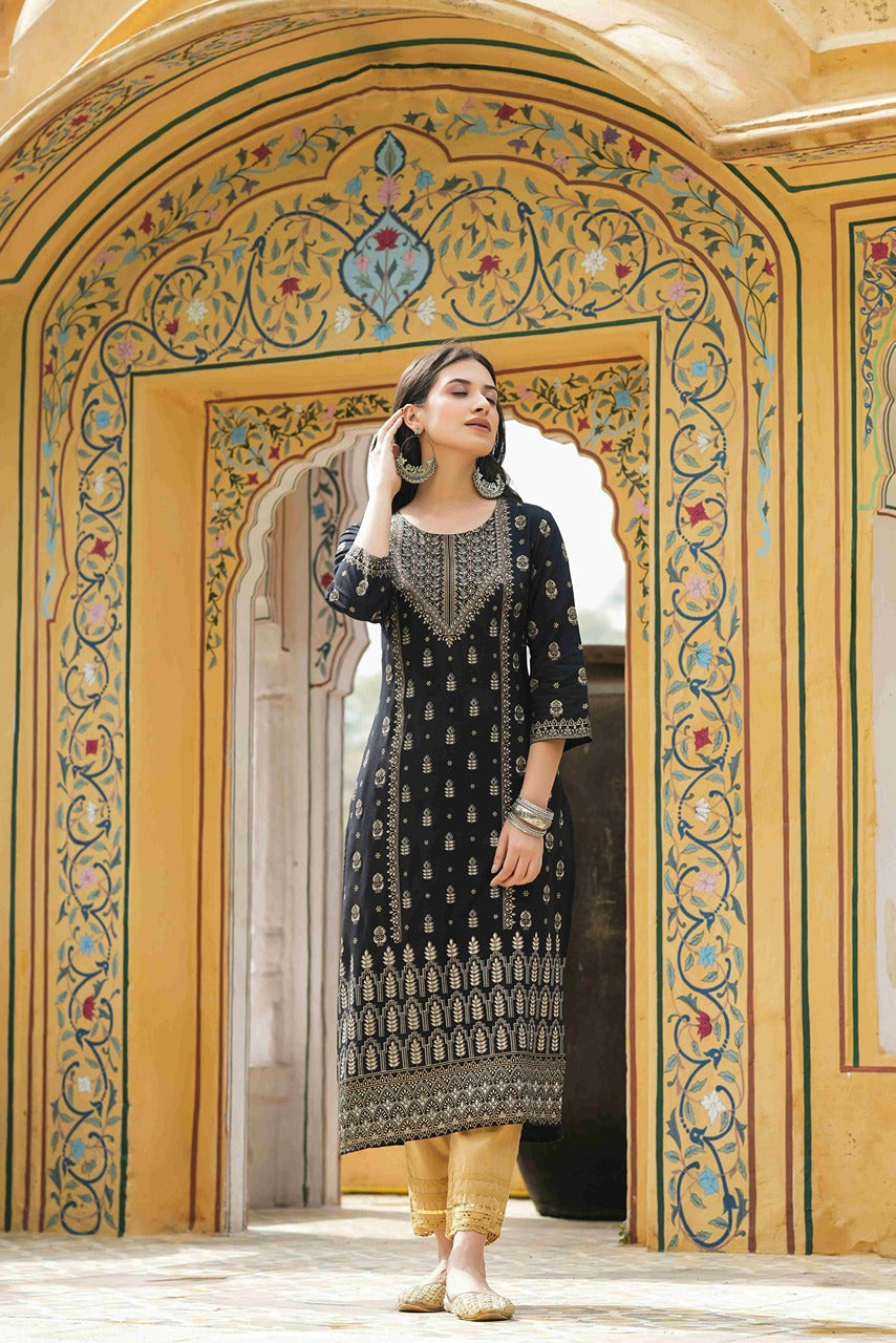 Women's  Black Rayon Foil Printed Kurta