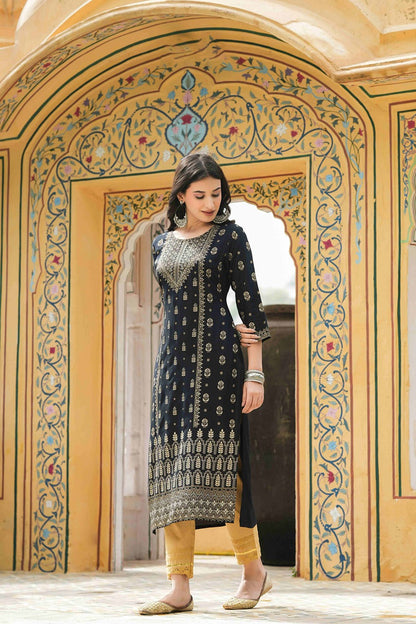 Women's  Black Rayon Foil Printed Kurta