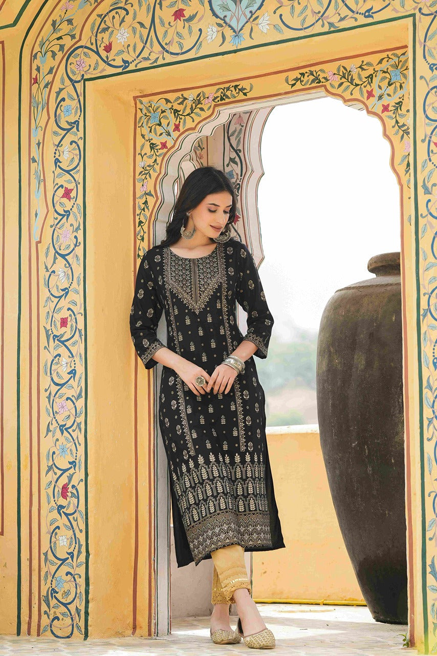 Women's  Black Rayon Foil Printed Kurta