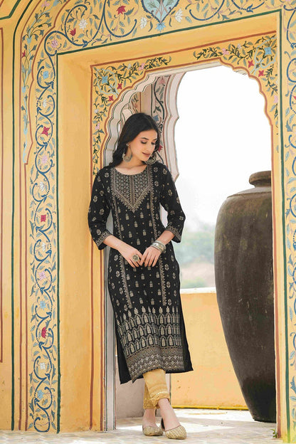 Women's  Black Rayon Foil Printed Kurta