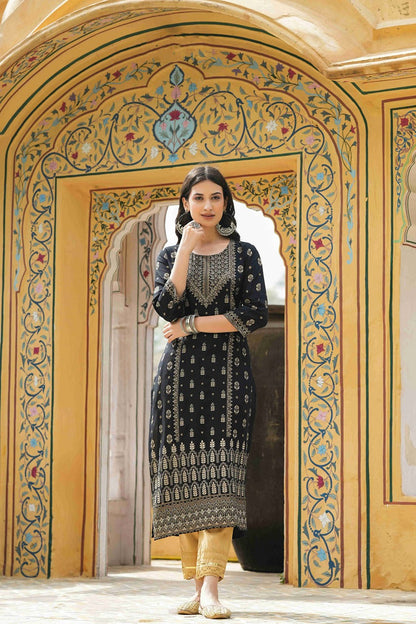 Women's  Black Rayon Foil Printed Kurta