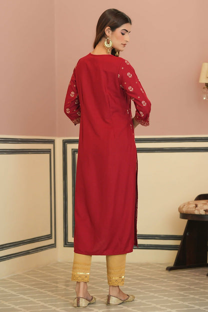 Women's  Maroon Rayon Foil Printed Kurta
