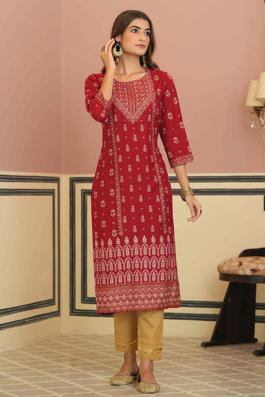 Women's  Maroon Rayon Foil Printed Kurta