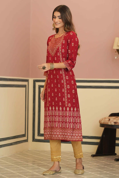 Women's  Maroon Rayon Foil Printed Kurta