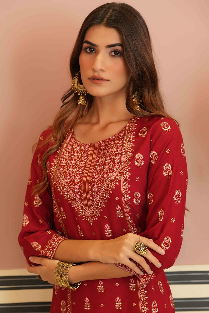 Women's  Maroon Rayon Foil Printed Kurta