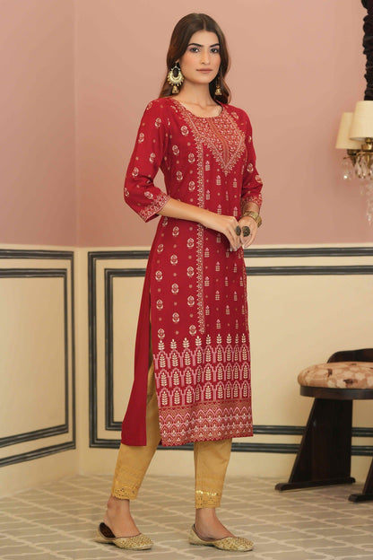 Women's  Maroon Rayon Foil Printed Kurta