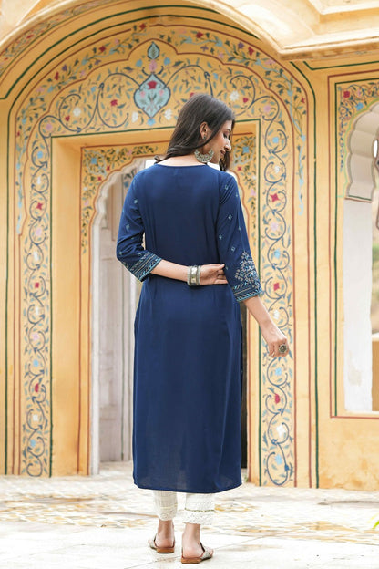 Women's  Blue Rayon Placement Printed Straight Kurta