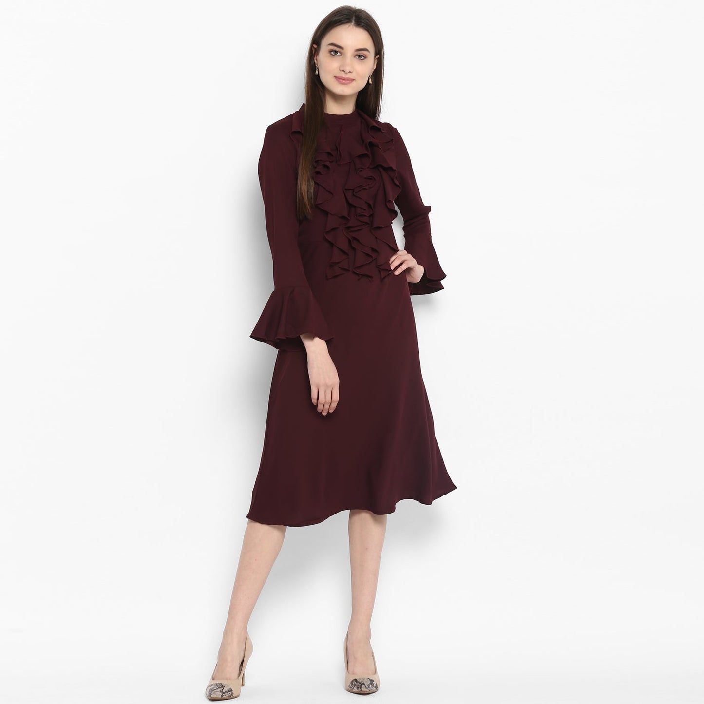 Women's Maroon Front Ruffle Bell Sleeve Dress